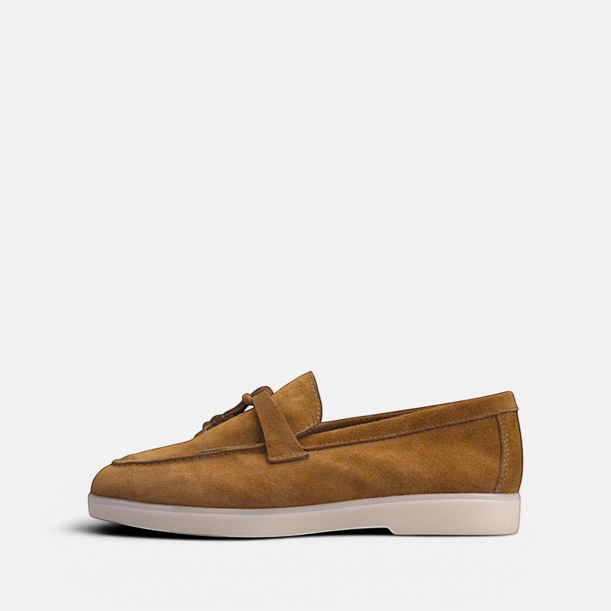 VOLZAK camel suede moccasin with a leather lining and a durable rubber sole, side view
