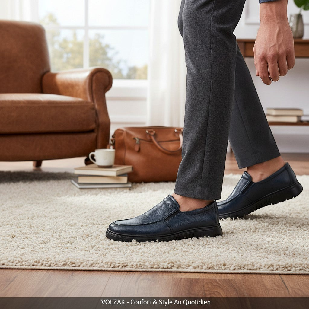Chaussures VOLZAK bleues en cuir grainé, style mocassin, semelle en gomme. Confort et style au quotidien.