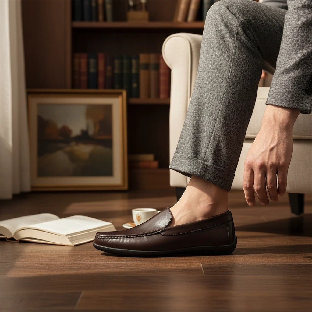 Mocassins VOLZAK en cuir marron foncé, doublure cuir, semelle gomme, pour homme.