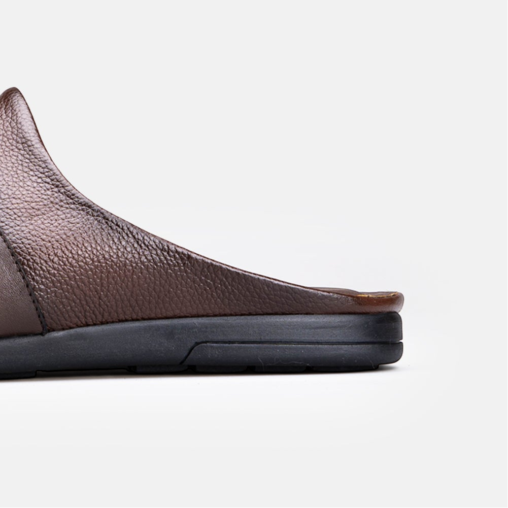 VOLZAK 5600 brown grained leather mule with a durable black rubber sole, side profile view.