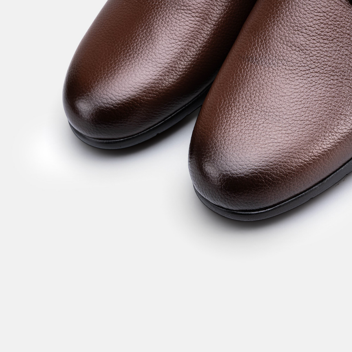 VOLZAK 5600 brown grained leather mule shoes with a rounded toe and durable rubber sole