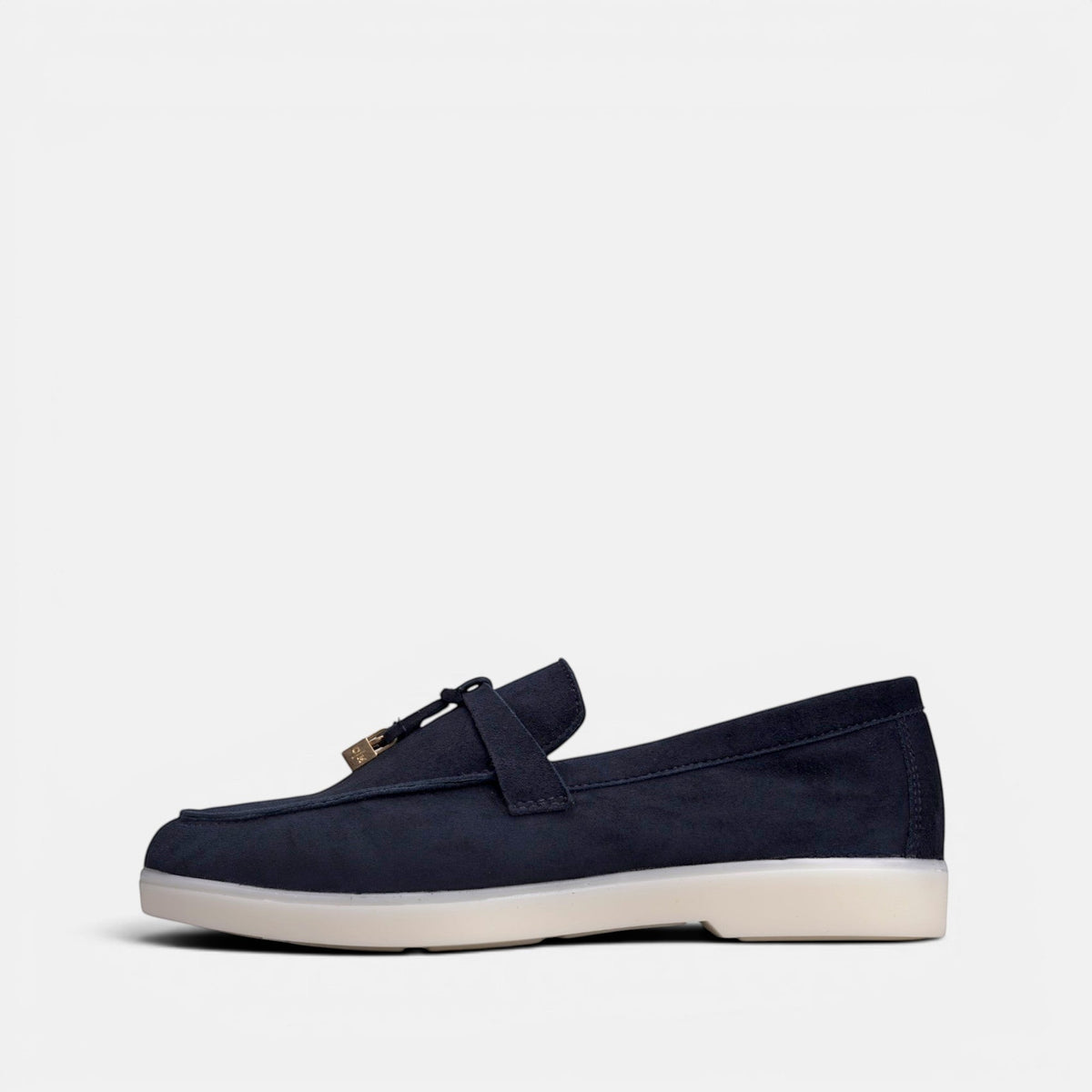 VOLZAK blue suede moccasin with leather lining and white rubber sole, side view